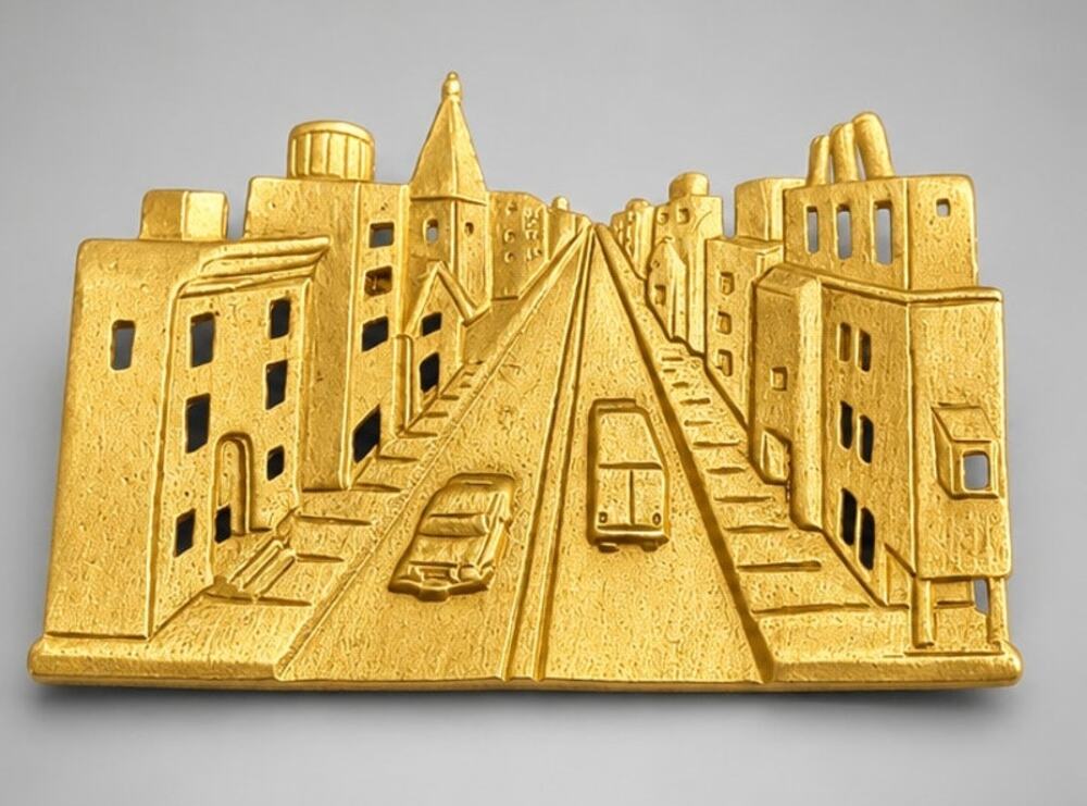 Vintage Large JJ City Scape Brooch Pin 2.5" Gold Figural Jonette Jones go-32